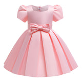 Square Necked Ball Gown with Bow Kid's Satin Birthday Party Dress 3 Colors