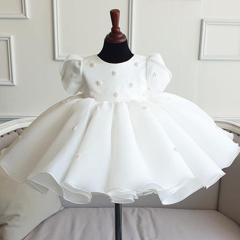 Cute Girls Ruffle Dress with Bow Puff Sleeves Flower Girl Dresses