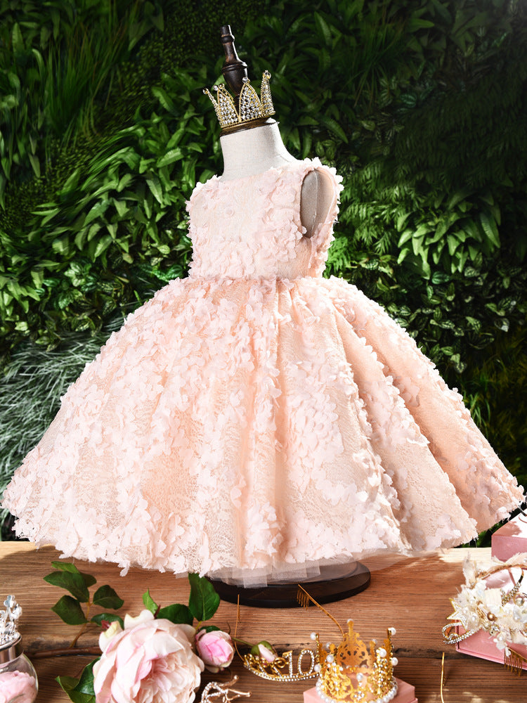 Sleeveless Pink Flower Girl Dresses V Backed Design for Kids Cute Princess Gown