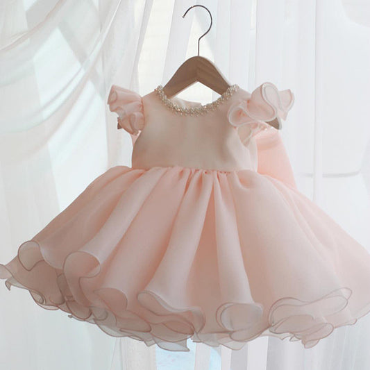 Cute Ruffles Puffy Pageant Dress with Bow Elegant Birthday Party Gown for Kids