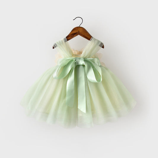 Green Wide Slip Dress with Pink Flowers Girls Party Dress Cute Tulle Skirt with Strapes
