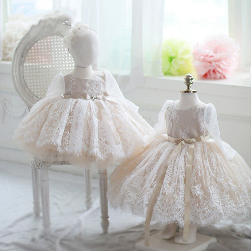 Puffy Lace Dresses with Bow for Girls Round Necked Embroidery Sheer Gown