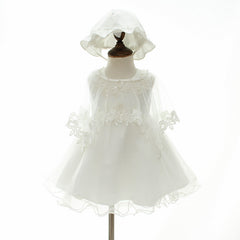 3PCS Baby's Christening Gown with Bonnet Cute Sleeveless Dress with Cloak