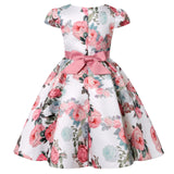 Elegant Flower Girl Dresses with Bow Cute Pink Floral Prnited Birthday Dress Short Sleeves