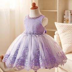 Cute Soft Lace Dresses with Bow for Little Girls Sleeveless Ball Gown Embroidery Sheer