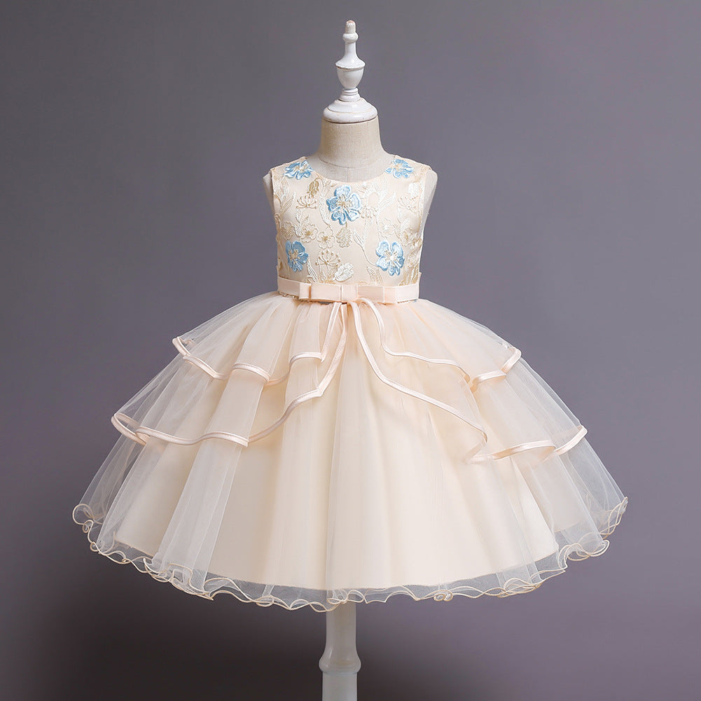 New Tulle Flower Girl Dresses with Bowm Sleeveless  Birthday Party Clothing Embroidery Gown
