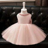 Round Beads Necked Flower Girl Dresses with Bow Simple Tulle Gown