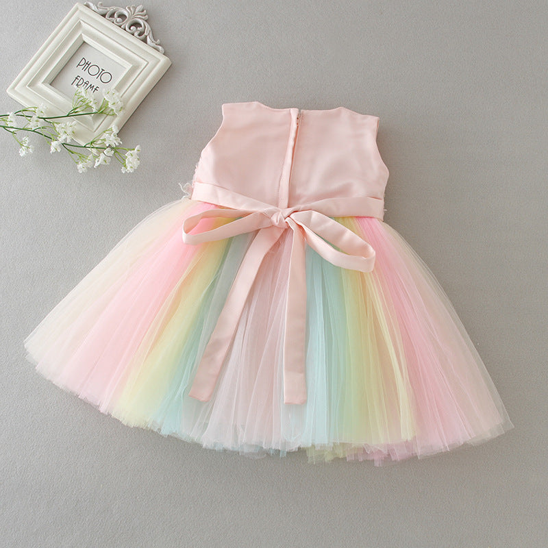 Baby Girls' Colorful Flower Girl Dresses with 3D Embroidery Tulle Princess Dress Short Skirt