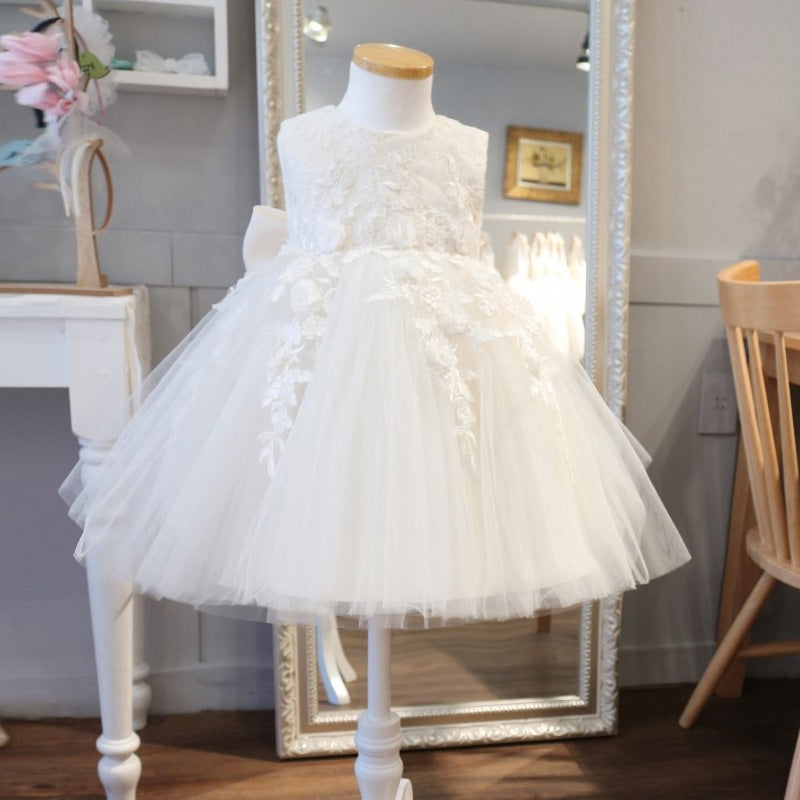 Classic Round Necked Flower Girl Dresses Kids' Sleeves Tulle Gown with Bow Communion Dress