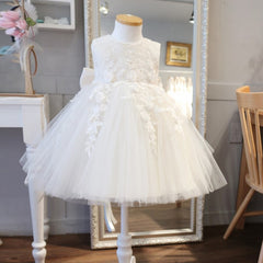 Classic Round Necked Flower Girl Dresses Kids' Sleeves Tulle Gown with Bow Communion Dress