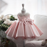 Peter Pan Collar Children's Birthday Party Dress with Bows Kid Flower Girl Dresses with Imitation Pearls