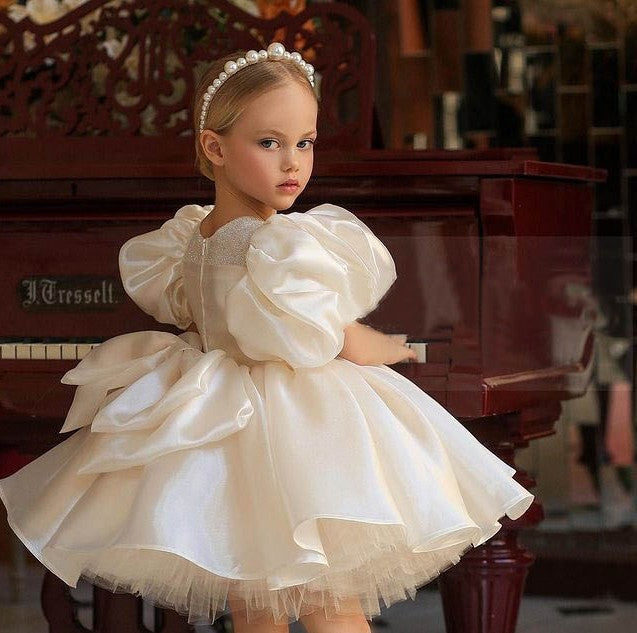 Girls Round Neck Princess Dress A Line Puff Sleeves Party Dresses with Bow White / 120 cm