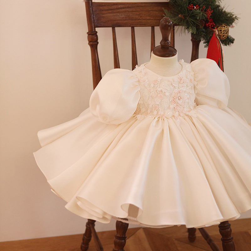 Puffy Sleeves Princess Dress with Bow Round Necked Prom Dress