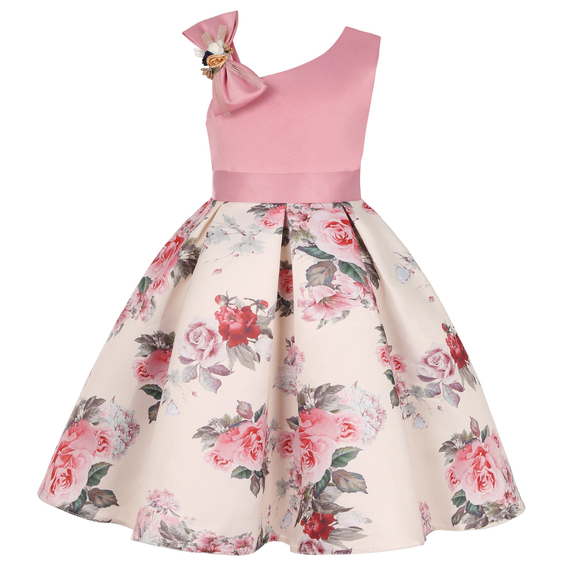 Cute Flower Girl Dresses One Shoulder Ball Gown with Bow Floral Printed Prom Dress