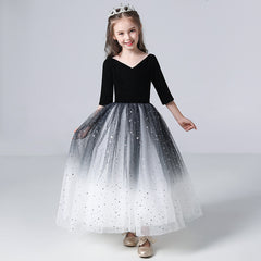 Half Sleeves Flower Girl Dresses Classic V N ecked Ankle Length Gown Sequins Tulle Gown