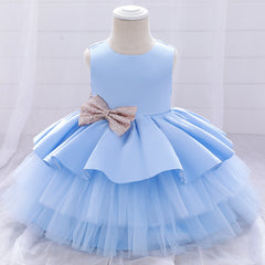 Cute Tiered Dress V Backed Flower Girl Dresses Fancy Tulle Gown with Bows for Baby Girls