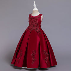 Flower Girl Dresses with Bow Kid's Sleeves Floor Length Gown Classic Round Neck Embroidery Dress