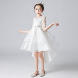 Children's White Flower Girl Dresses Half Sleeves High Low Dress with Bow Princess Gown