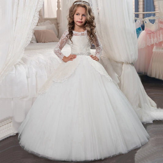 Children's  Flower Girl Dresses with Bow Kid's Princess Dress Tulle Gown Lace Puffy Dress Floor Length