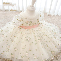 Kid's Floral Dress Embroidery Sheer Royal Party Dress Cute Tutu Dress Gown