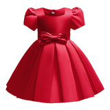 Square Necked Ball Gown with Bow Kid's Satin Birthday Party Dress 3 Colors