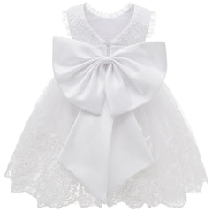 Pure White Lace Dresses for Baby Girls Cute Flower Girl Dress with Big Bow Classic Round Necked Gown