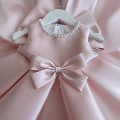 Girls Sleeveless Satin Flower Girl Dresses A Line Pink Princess Gown with Bow