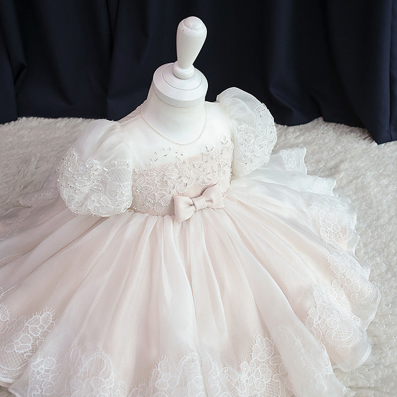 Cute Princess Dress with Bow Embroidery Sheer Puff Sleeves Formal Dress