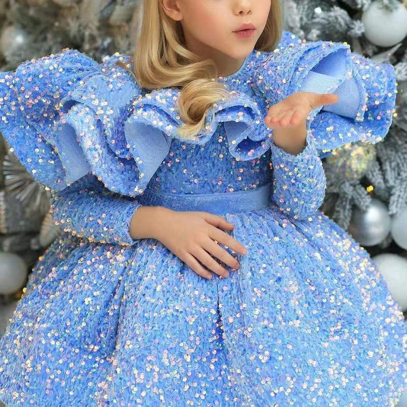 Sequins A Line Blue Prom Dress Long Sleeves Princess Gown for Kids