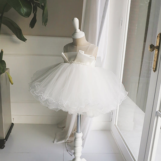 Children's A Line Puffy Dresses with Bow Sleeveless Tulle Gown for Piano Show Dress