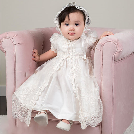 Baby's Chrstening Dress with Bonnet Girls Front Split Puff Sleeves Gown 0-24 Months