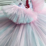 Colorful Sequnis Party Dress for Girls Cute V Necked Tulle Ball Gown