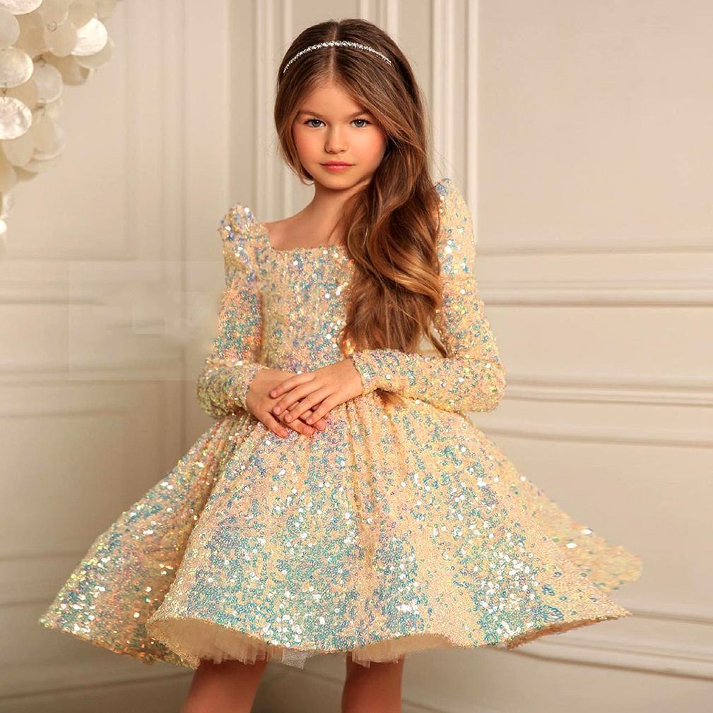 Long Sleeves Sequins Girls Birthday Party Dress Square Collar Pageant Gown