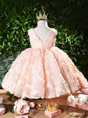 Sleeveless Pink Flower Girl Dresses V Backed Design for Kids Cute Princess Gown