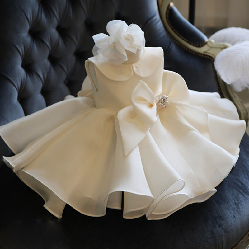 Ruffle Flower Girl Dresses with Bow Peter Pan Necked Birthday Prom Gown