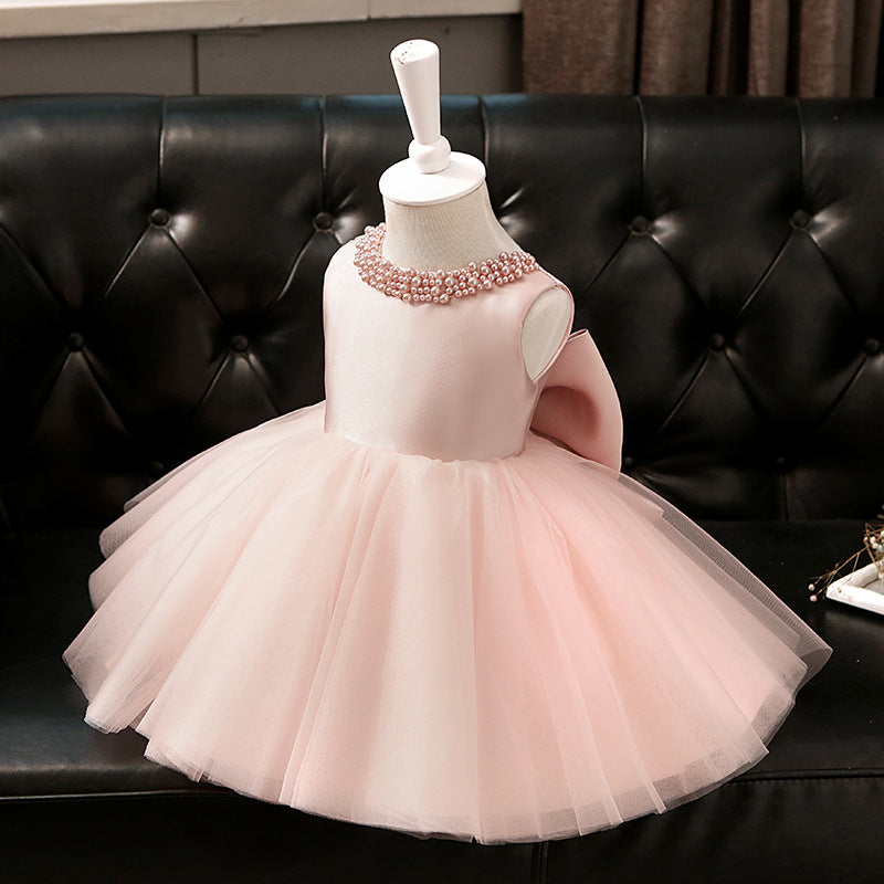 Round Beads Necked Flower Girl Dresses with Bow Simple Tulle Gown