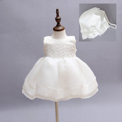 Babe 2 PCS Round Neck Sleeves Christening Dress with Bonnet