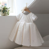 Girls V Necked Party Dress with Bow Cute Short Sleeves Flower Girl Dresses