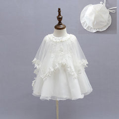 3PCS Baby's Christening Gown with Bonnet Cute Sleeveless Dress with Cloak