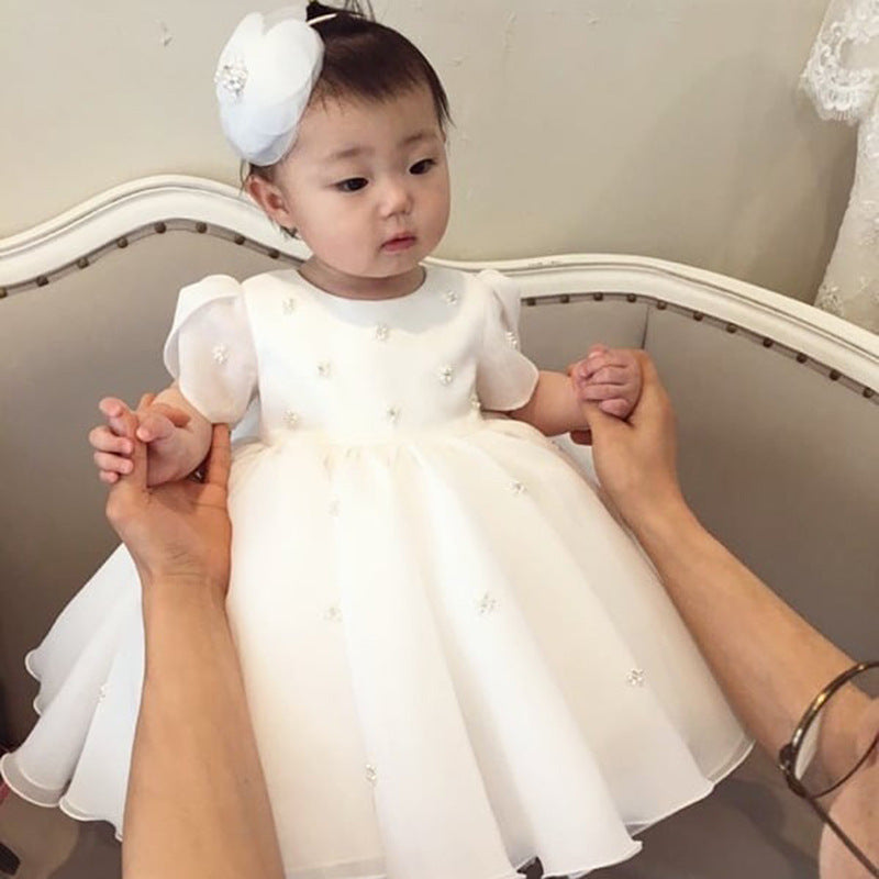 Cute Girls Ruffle Dress with Bow Puff Sleeves Flower Girl Dresses