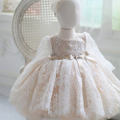 Puffy Lace Dresses with Bow for Girls Round Necked Embroidery Sheer Gown