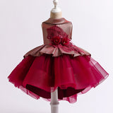 Kids Round Necked 3D Flowers Embroidery Princess Dress High Low Party Dress Round Collar