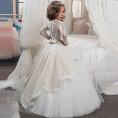 Children's  Flower Girl Dresses with Bow Kid's Princess Dress Tulle Gown Lace Puffy Dress Floor Length