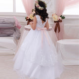 Kid's A Line Communion Dress Sleeveless Flower Girl Dress with Pink Sash