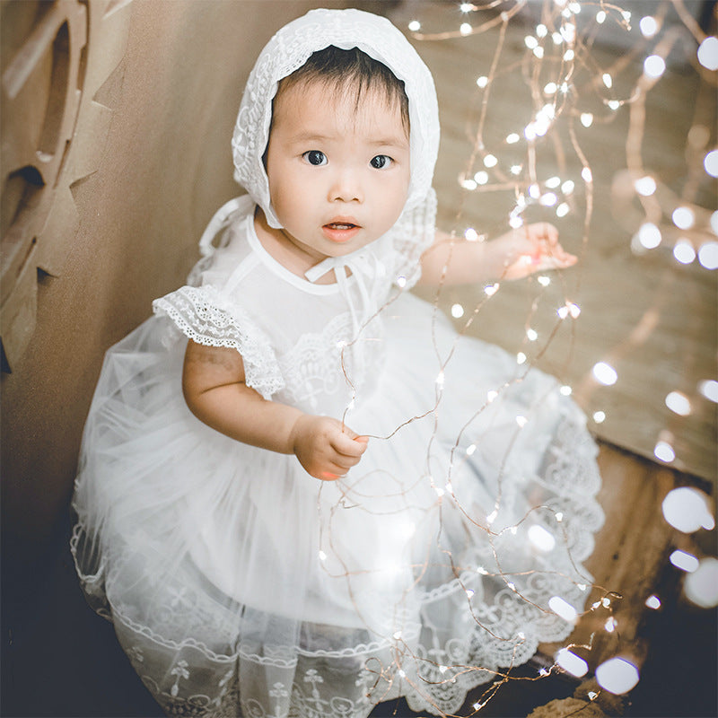 Cute Baby's Lace Christening Dress with Bonnet A Line Baptism Gown