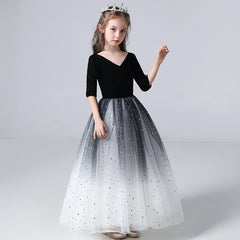 Half Sleeves Flower Girl Dresses Classic V N ecked Ankle Length Gown Sequins Tulle Gown