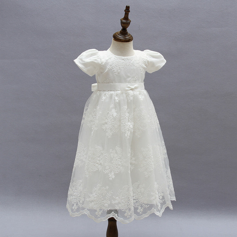 Baby's Puff Sleeves Lace Dress with Bow Cute Round Necked Gown 2 Colors