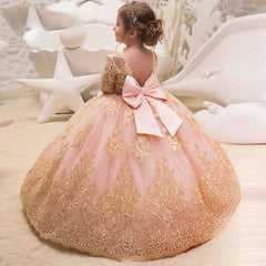 Flower Girl Dress Princess Gown V Back Dress Girls' Dance Dress Floor Length Prom Tulle Gown with Pink Bow