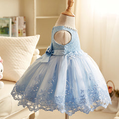 Cute Soft Lace Dresses with Bow for Little Girls Sleeveless Ball Gown Embroidery Sheer