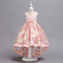 Embroidery Sheer Flower Girl Dresses with Bow Sleeveless High-low Dresses for Children